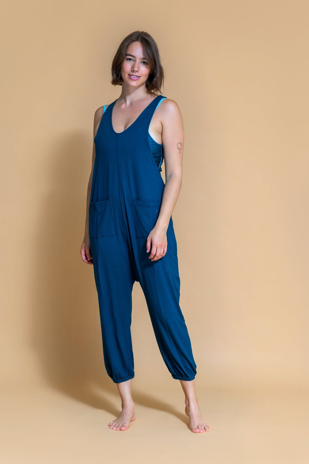 Sustainable Dhyana Jumpsuit in Ocean for women crafted from Bamboo Shambhala Barcelona.