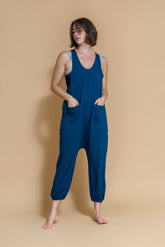 Sustainable Dhyana Jumpsuit in Ocean for women crafted from Bamboo Shambhala Barcelona.