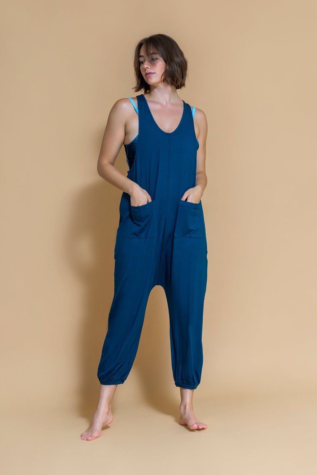 Sustainable Dhyana Jumpsuit in Ocean for women crafted from Bamboo Shambhala Barcelona.