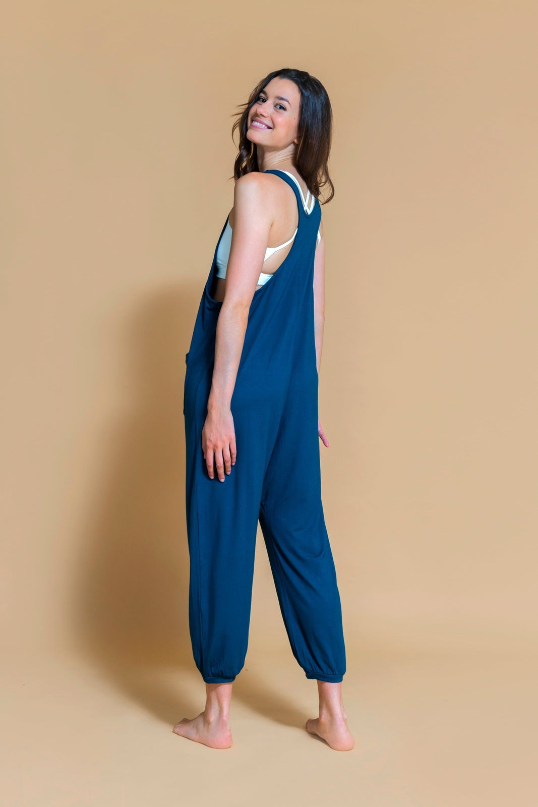 Sustainable Dhyana Jumpsuit in Ocean for women crafted from Bamboo Shambhala Barcelona.