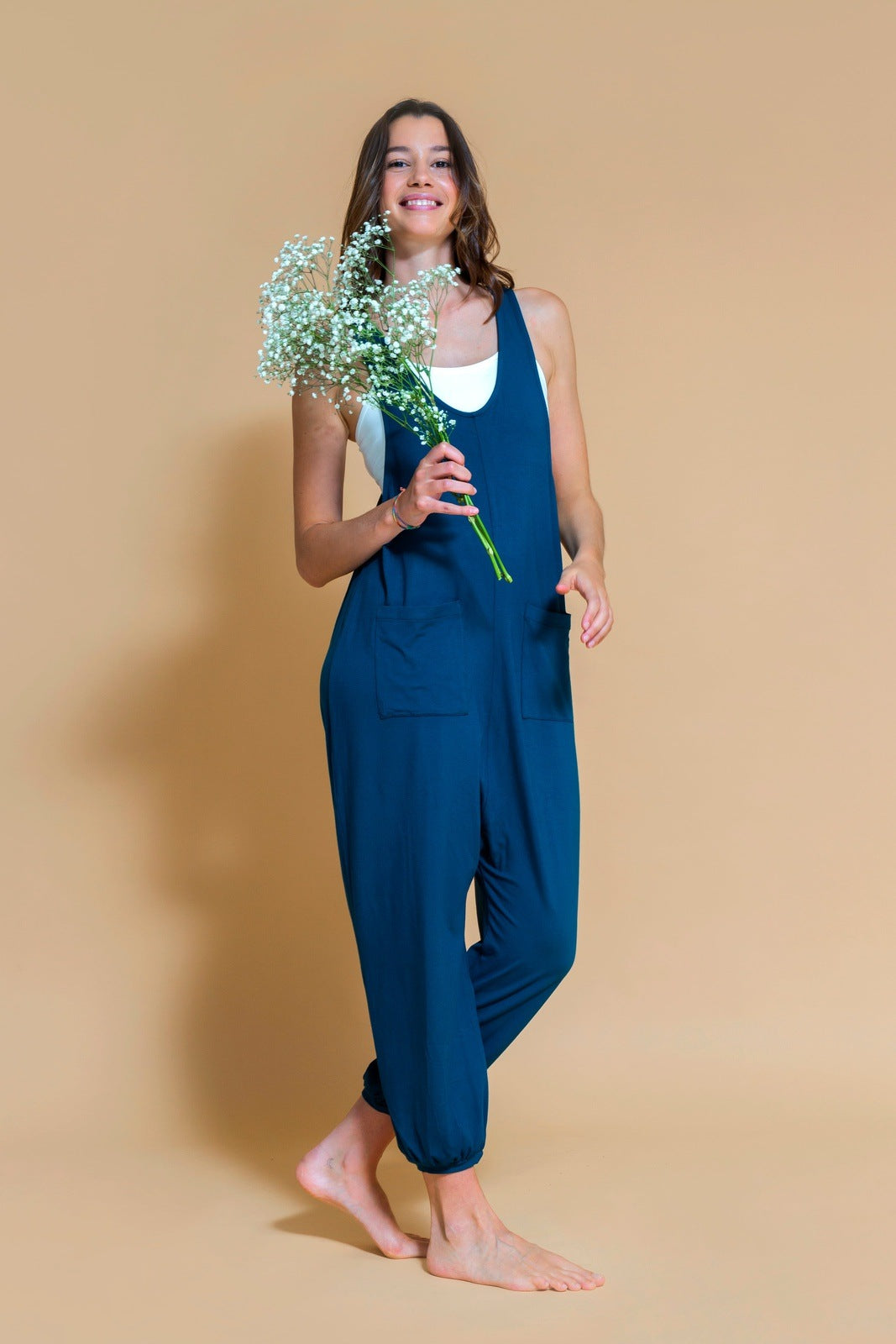 Sustainable Dhyana Jumpsuit in Ocean for women crafted from Bamboo Shambhala Barcelona.