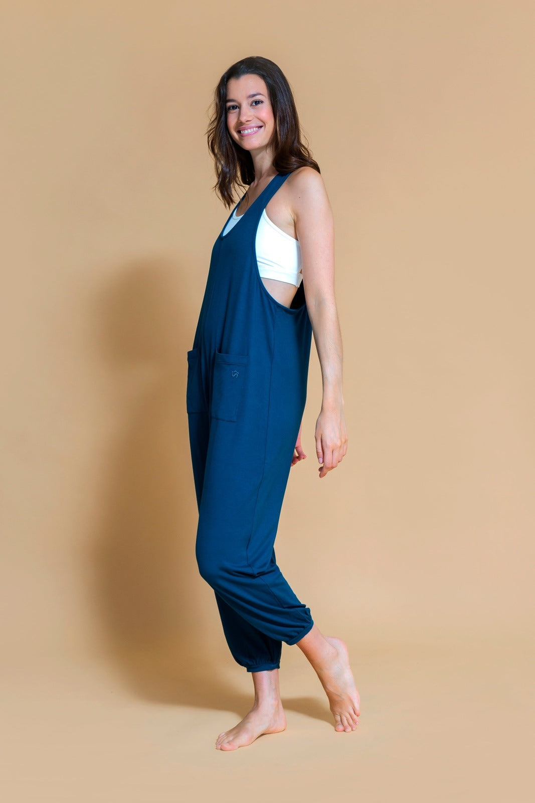 Sustainable Dhyana Jumpsuit in Ocean for women crafted from Bamboo Shambhala Barcelona.