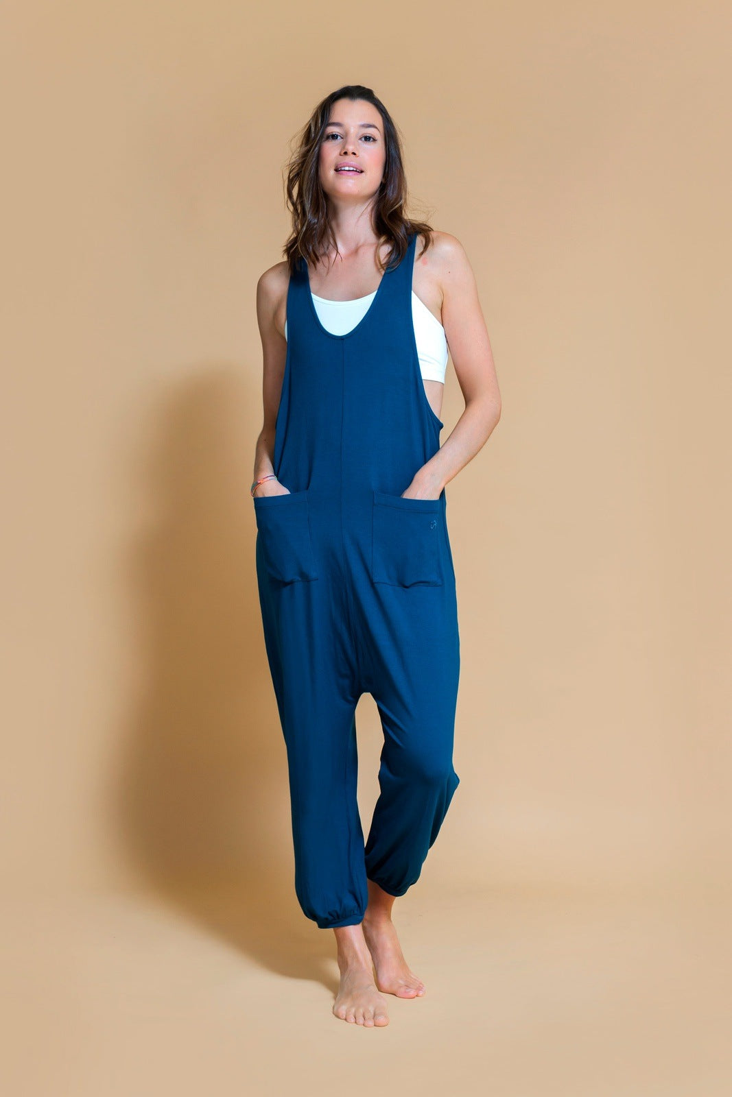 Sustainable Dhyana Jumpsuit in Ocean for women crafted from Bamboo Shambhala Barcelona.