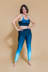 Sustainable Karma yoga Legging in Om Shanti Ocean for women crafted from recycled polyester Shambhala Barcelona.