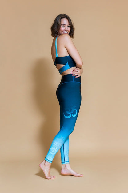 Sustainable Karma yoga Legging in Om Shanti Ocean for women crafted from recycled polyester Shambhala Barcelona.