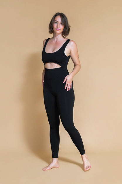 Sustainable Mantra yoga Jumpsuit in Black for women crafted from Eco-friendly organic cotton, modal, and elastane blend Shambhala Barcelona.