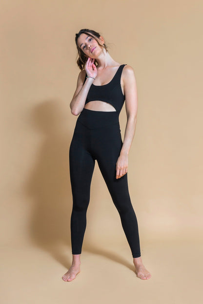 Sustainable Mantra yoga Jumpsuit in Black for women crafted from Eco-friendly organic cotton, modal, and elastane blend Shambhala Barcelona.