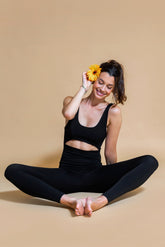 Sustainable Mantra yoga Jumpsuit in Black for women crafted from Eco-friendly organic cotton, modal, and elastane blend Shambhala Barcelona.