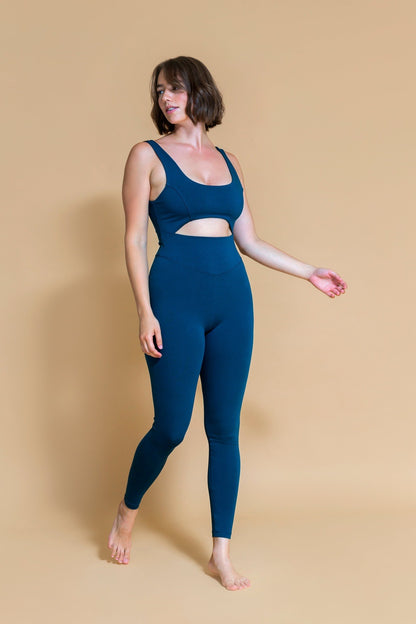 Sustainable Mantra yoga Jumpsuit in Ocean for women crafted from Eco-friendly organic cotton, modal, and elastane blend Shambhala Barcelona.