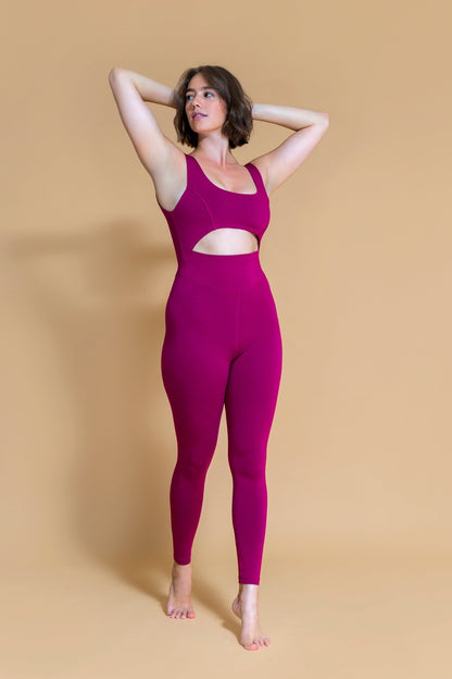 Sustainable Mantra yoga Jumpsuit in Plum for women crafted from Eco-friendly organic cotton, modal, and elastane blend Shambhala Barcelona.