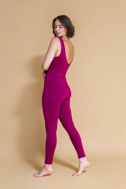 Sustainable Mantra yoga Jumpsuit in Plum for women crafted from Eco-friendly organic cotton, modal, and elastane blend Shambhala Barcelona.