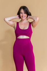 Sustainable Mantra yoga Jumpsuit in Plum for women crafted from Eco-friendly organic cotton, modal, and elastane blend Shambhala Barcelona.