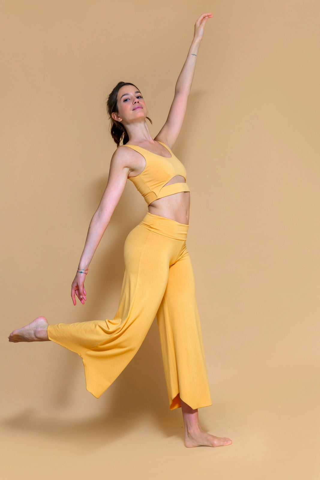 Sustainable Maya yoga Flare Pant in Curry for women crafted from Eco-friendly bamboo Shambhala Barcelona.