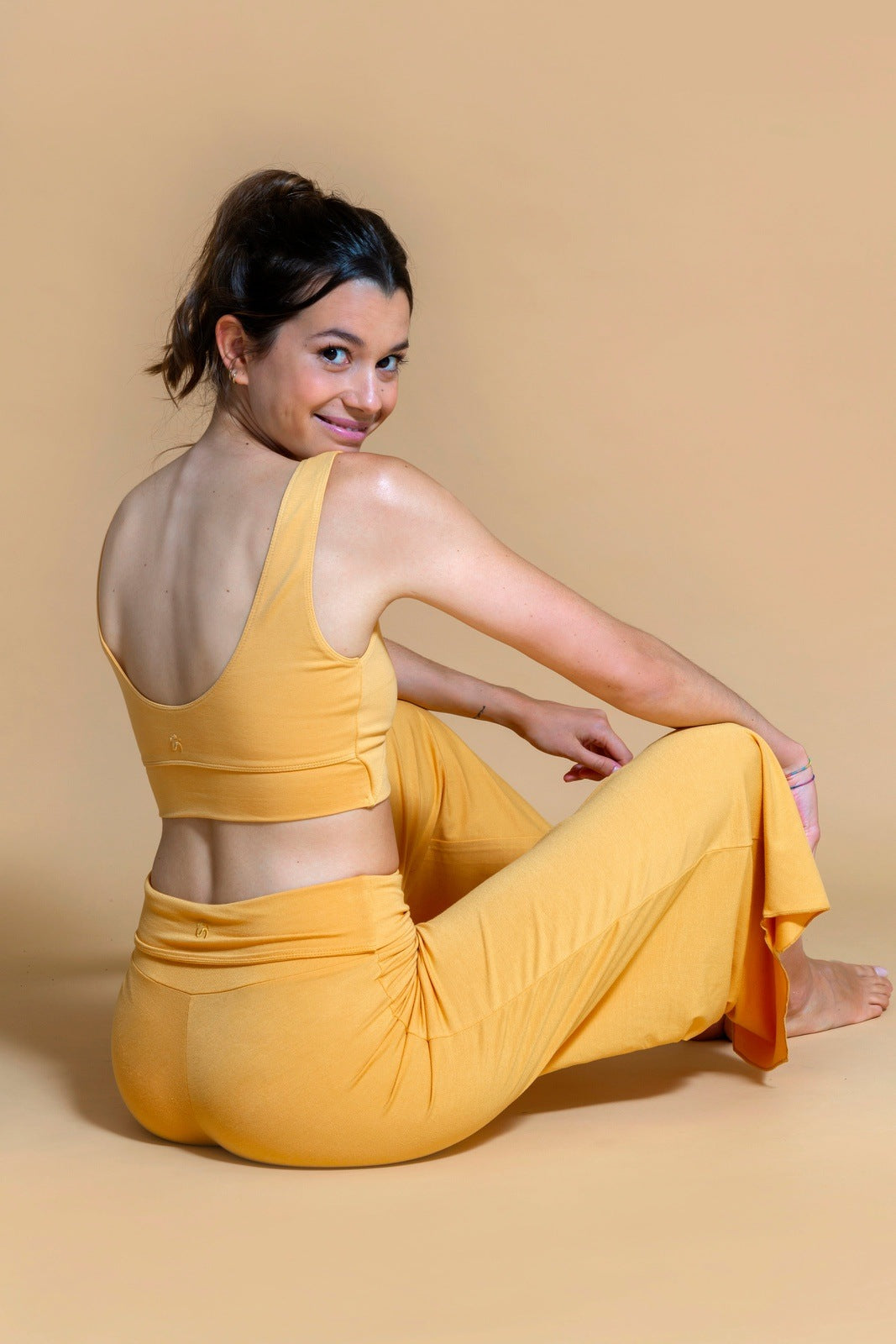 Sustainable Maya yoga Flare Pant in Curry for women crafted from Eco-friendly bamboo Shambhala Barcelona.