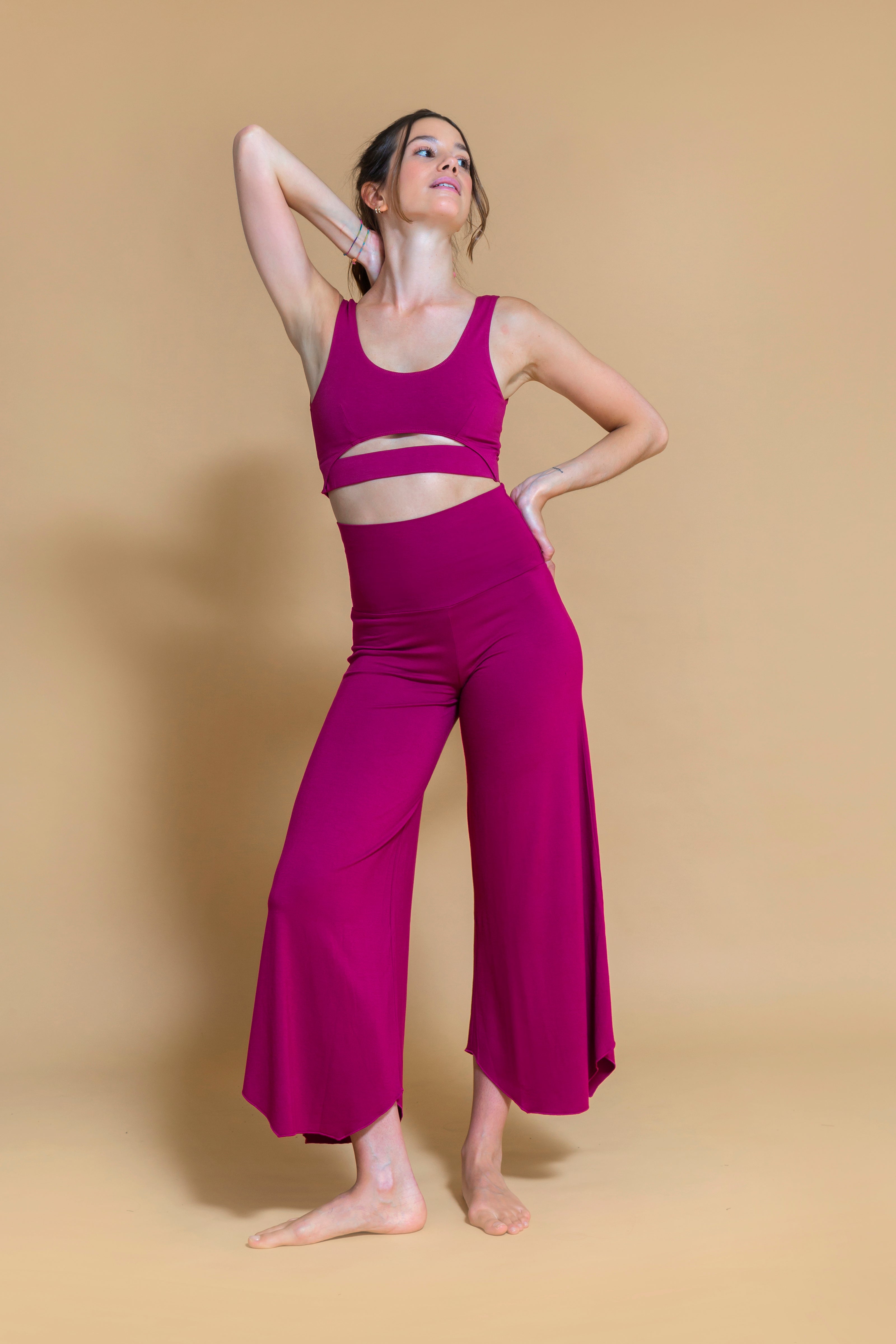 Sustainable Maya yoga Flare Pant in Plum for women crafted from Eco-friendly bamboo Shambhala Barcelona.