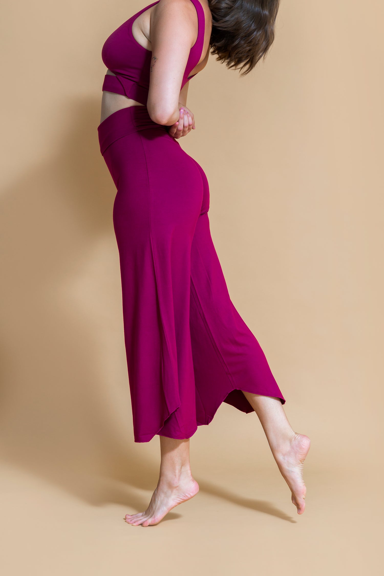 Sustainable Maya yoga Flare Pant in Plum for women crafted from Eco-friendly bamboo Shambhala Barcelona.