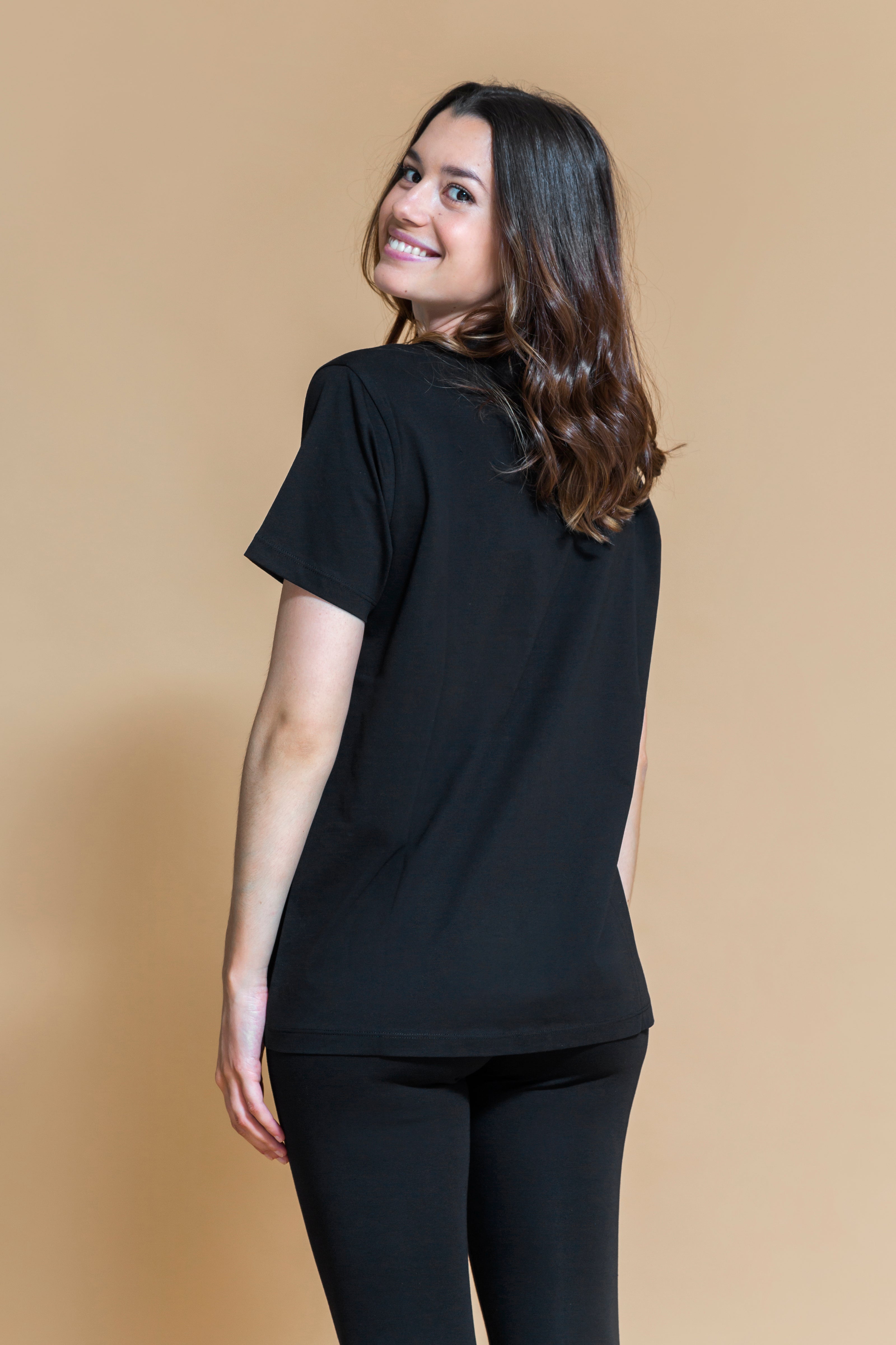 Sustainable Om yoga T-Shirt in Black for women crafted from OCS certified organic cotton Shambhala Barcelona.