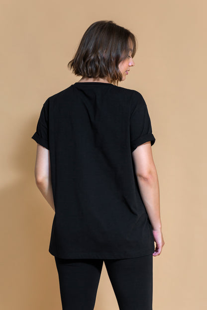 Sustainable Om yoga T-Shirt in Black for women crafted from OCS certified organic cotton Shambhala Barcelona.