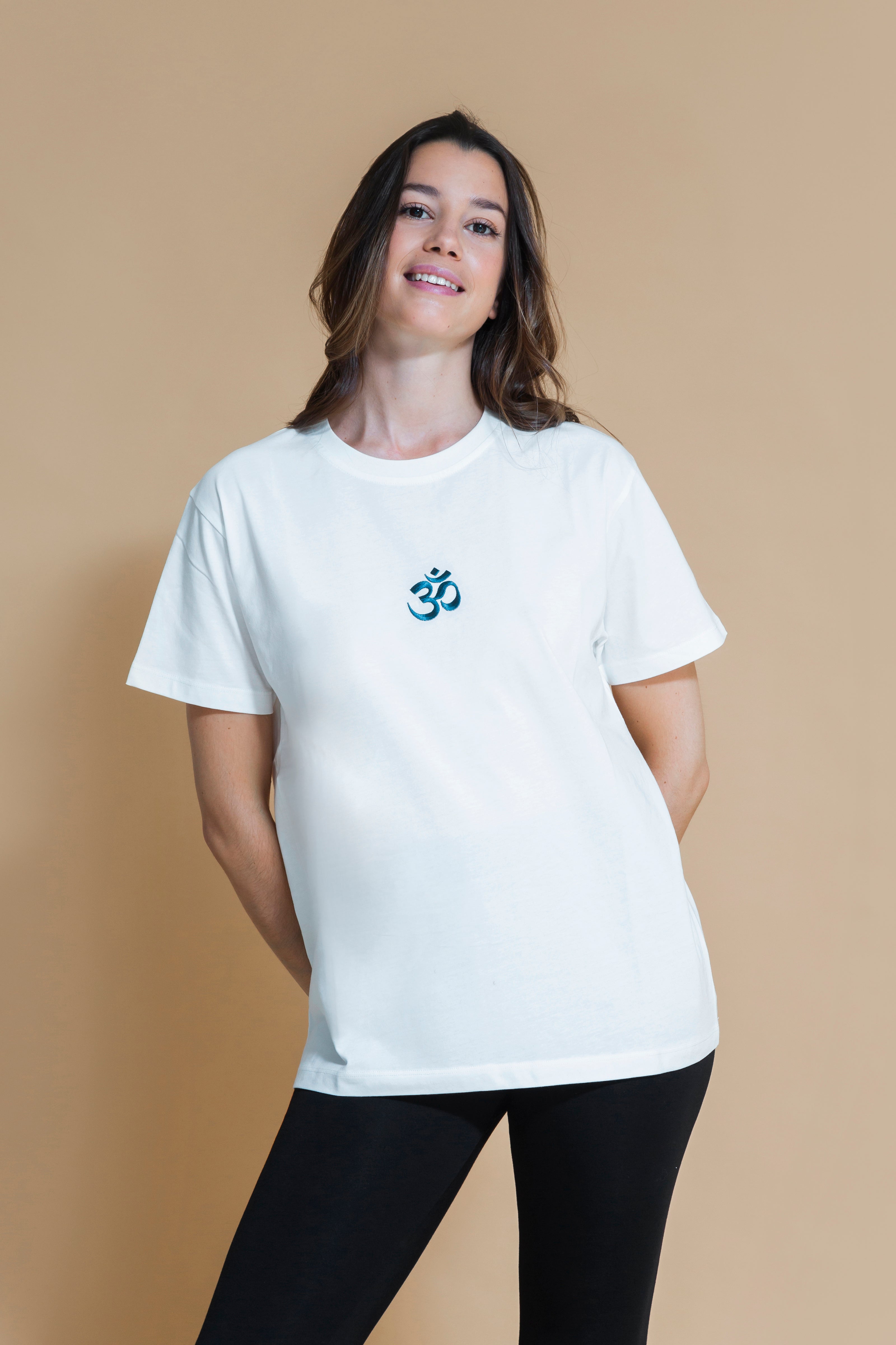 Sustainable Om yoga T-Shirt in Off White for women crafted from OCS certified organic cotton Shambhala Barcelona.