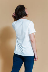 Sustainable Om yoga T-Shirt in Off White for women crafted from OCS certified organic cotton Shambhala Barcelona.