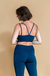 Sustainable Vidya yoga Bra in Ocean for women crafted from OCS certified organic cotton, modal, and elastane blend Shambhala Barcelona.